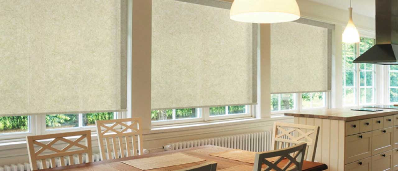 Roller Shades for Dining Area Beside Kitchen